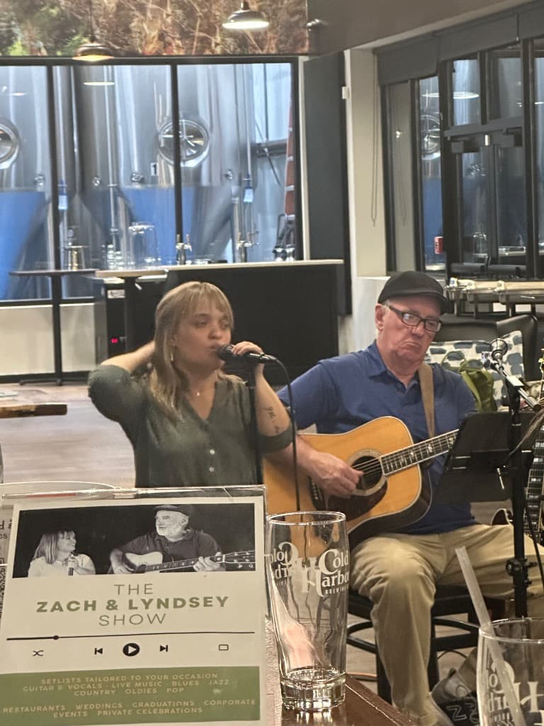 The Zach and Lyndsey Show performing in the beer hall at Cold Harbor Brewing in Westborough, MA