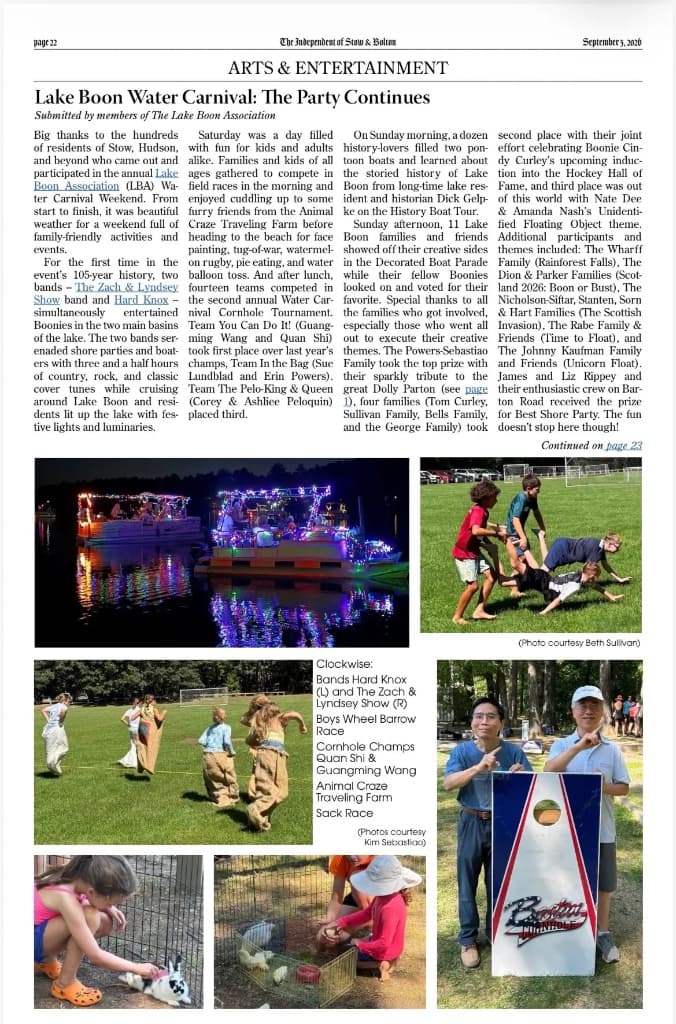 The Independent of Stow & Bolton newspaper feature on Lake Boon Water Carnival featuring The Zach and Lyndsey Show